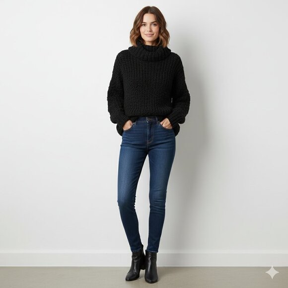 Women's Wolf & Cecil Merino Wool Chunky Knit Sweater Turtleneck Black Cutout - Picture 4 of 16